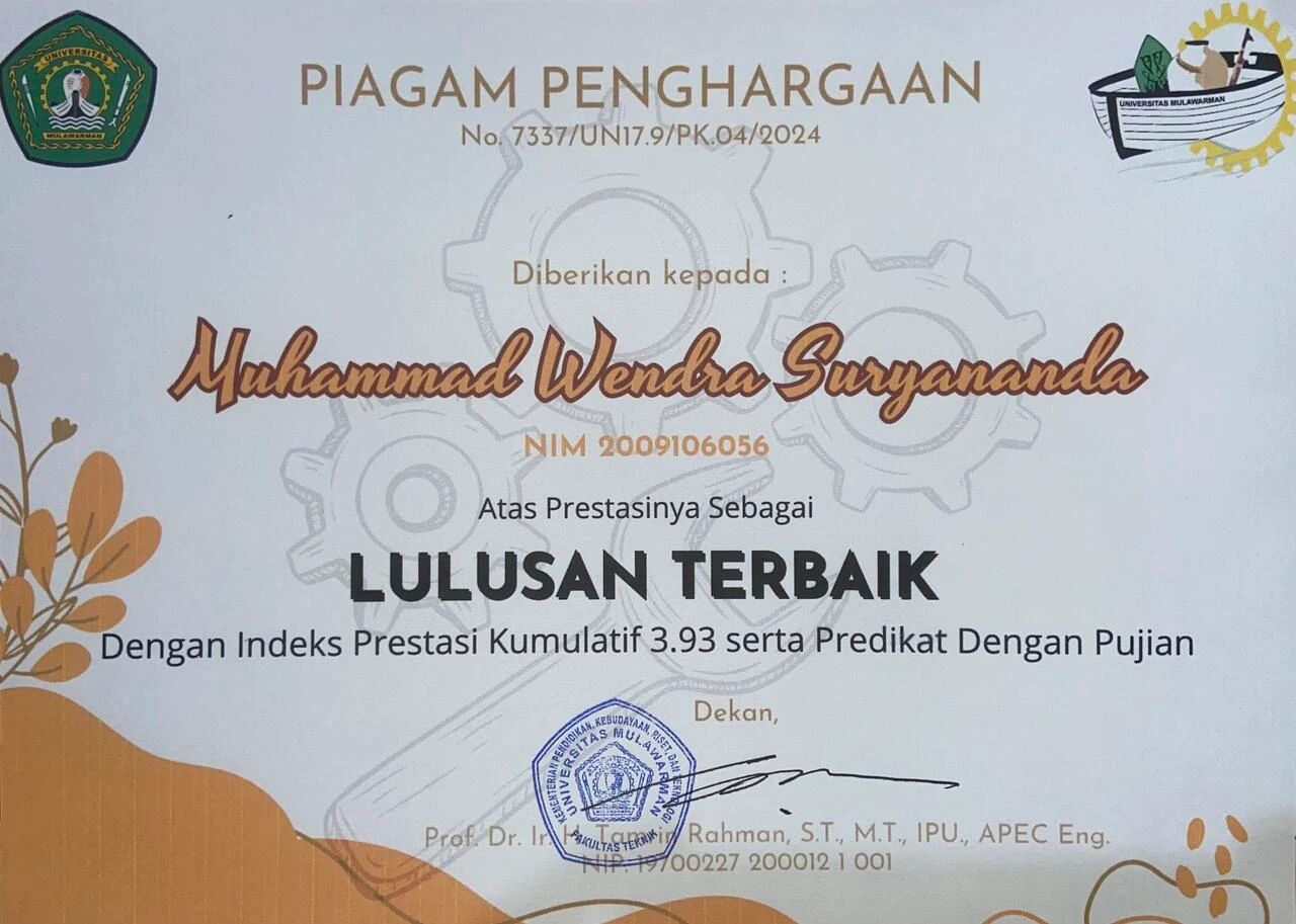 Universitas Mulawarman certificate recognizing Muhammad Wendra Suryananda as Best Graduate with a GPA of 3.93 and honors, 2024.