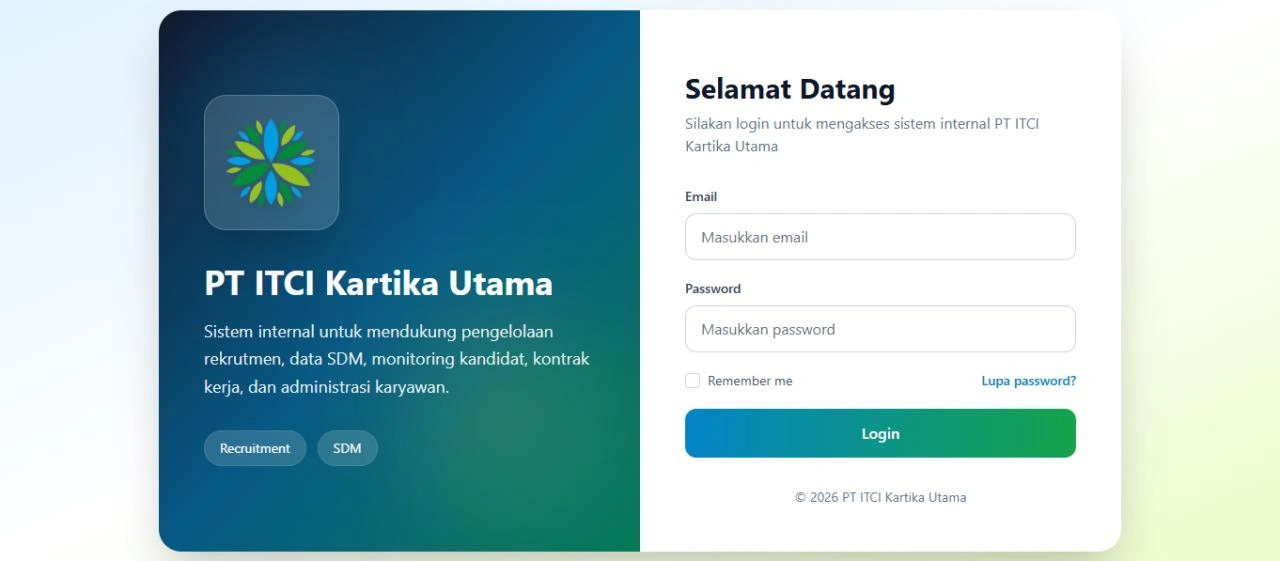 PT ITCI Kartika Utama internal system login screen with email and password fields and access to the SDM environment.