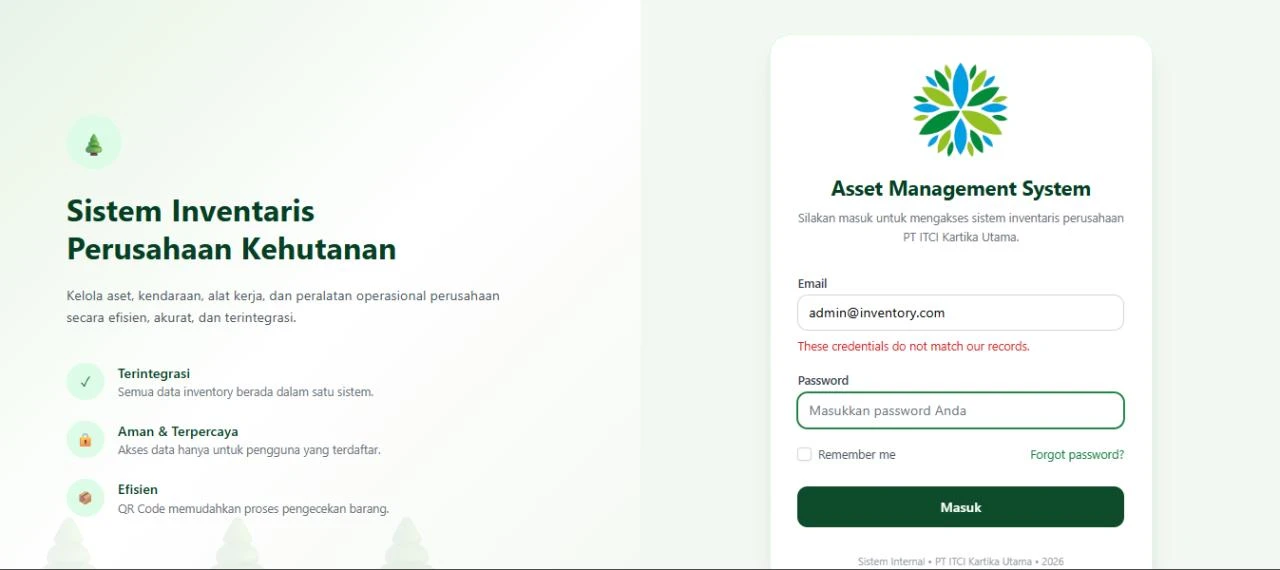 Asset Management System login page for PT ITCI Kartika Utama with an email and password sign-in form.