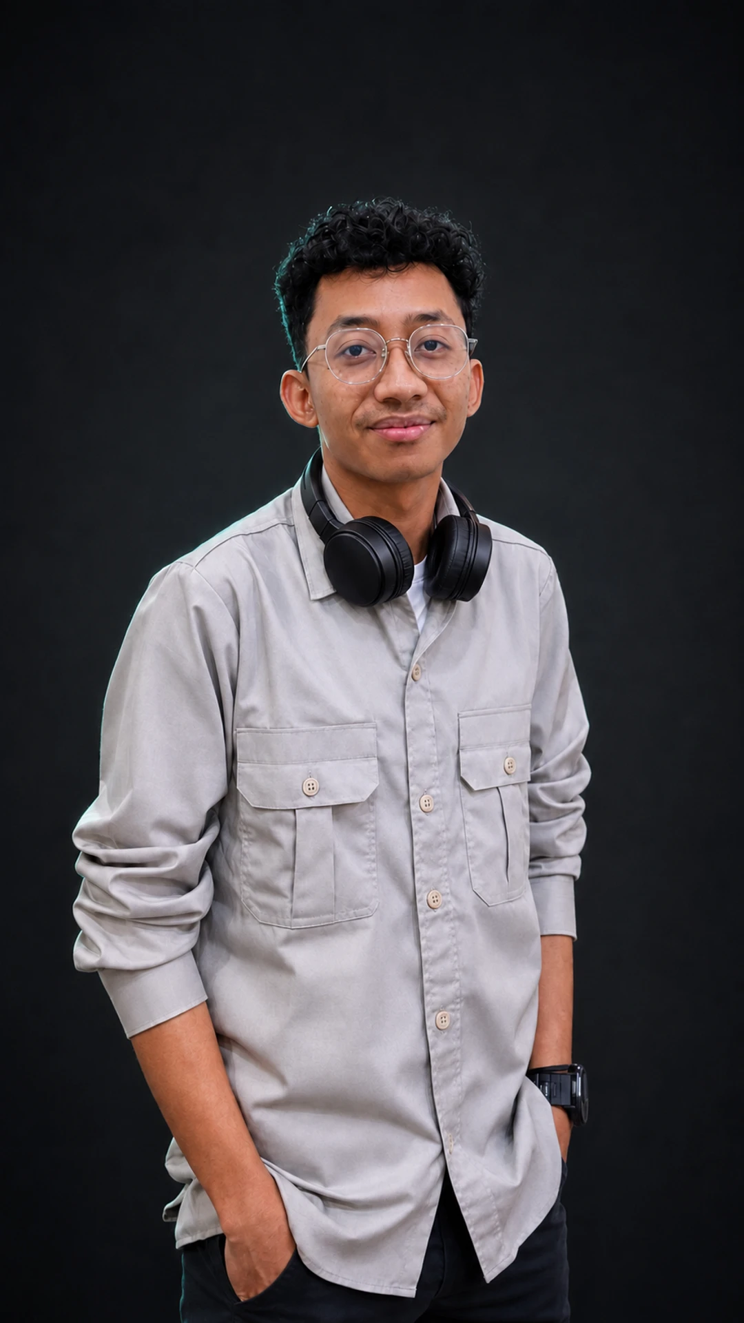 Muhammad Wendra Suryananda wearing glasses, a plain gray shirt, and black headphones around his neck.